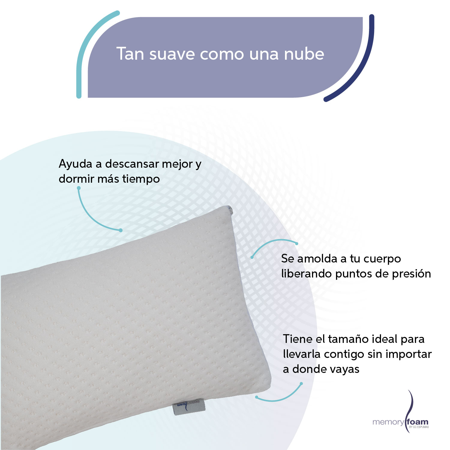 MEMORY FOAM  Almohada Companion de Memory Foam Pequeña y Extra Suave Para Noches Sin Despertares Individual Color Blanco 27 x 17 x 8 cm .