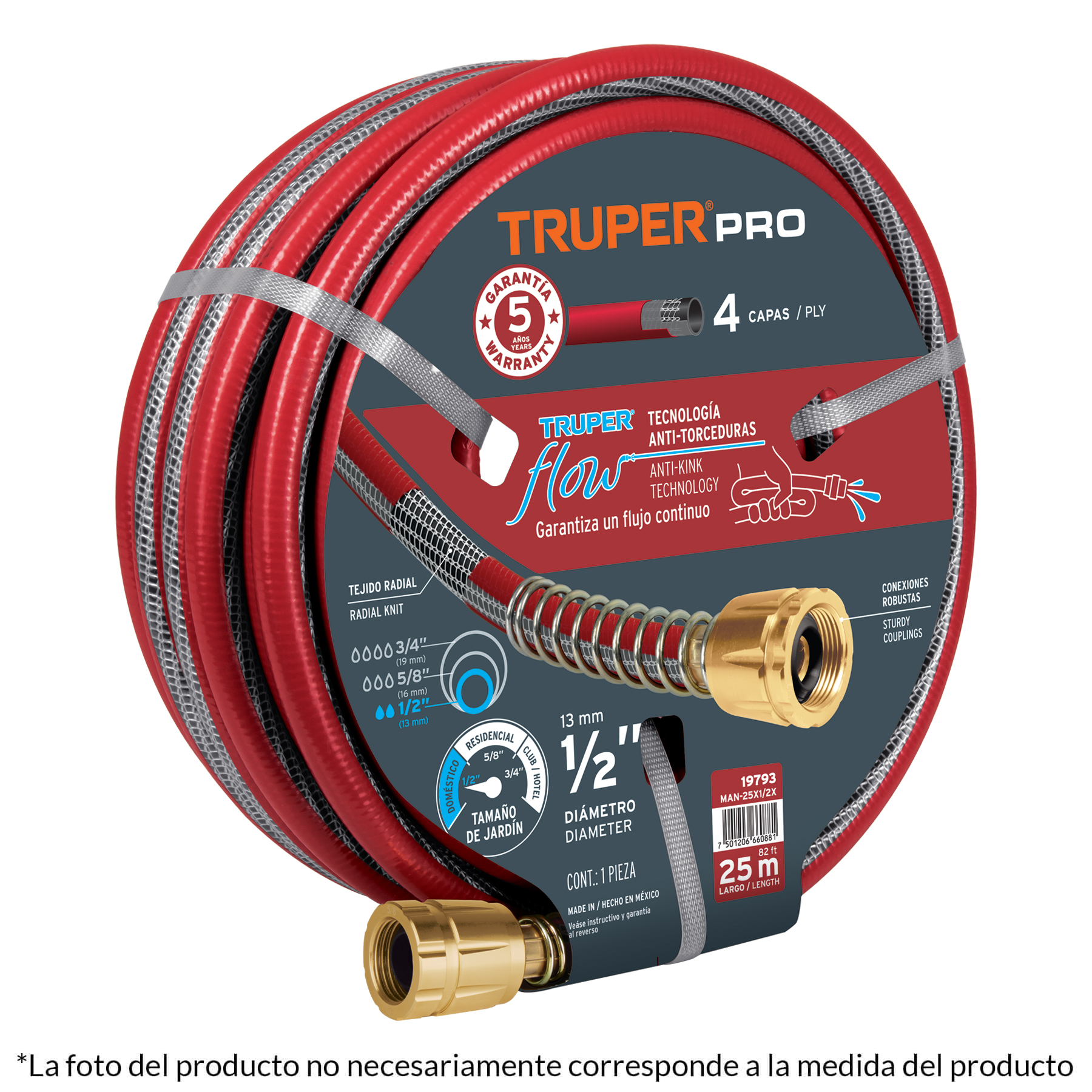 MANGUERA 1/2" SUPER REFORZADA 4 CAPAS 15 M CONEXIONES METAL TRUPER 19791