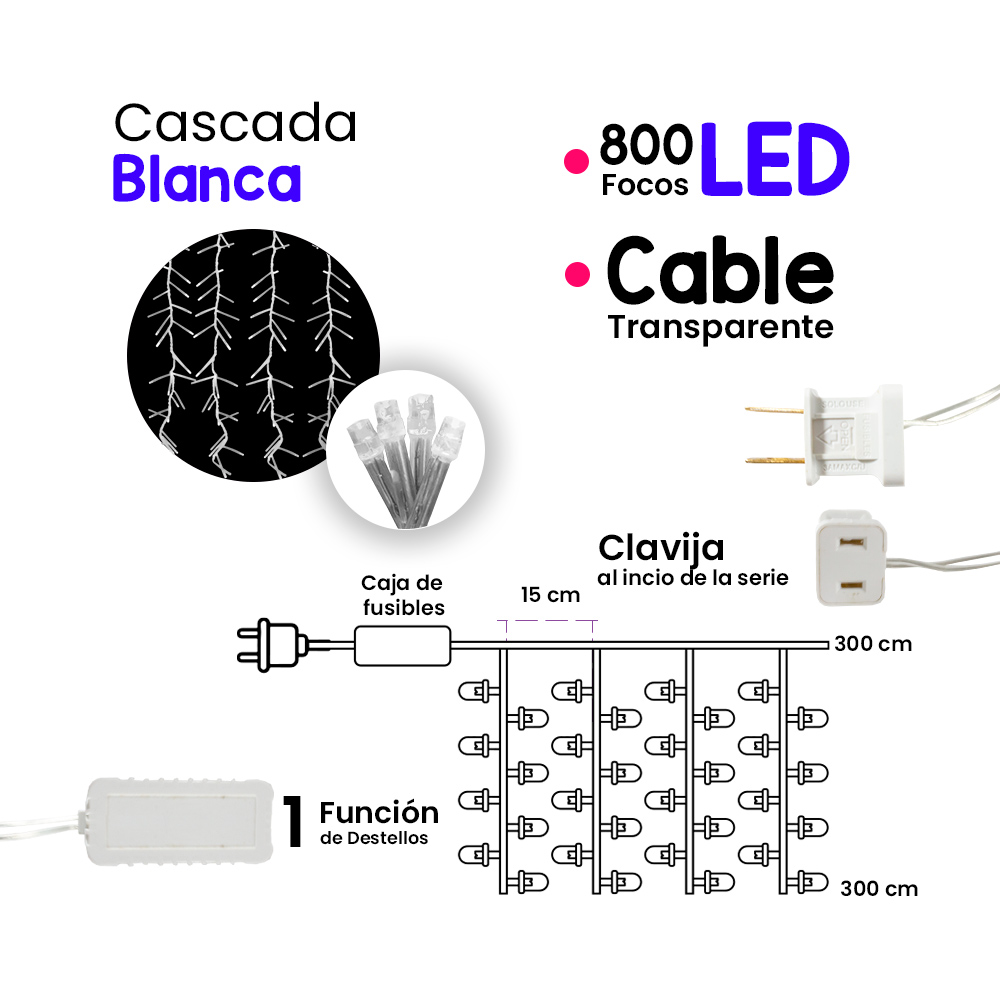 Cortina Serie Luces 800 Led Luz Blanca 3x3 Mts Cable Transpa