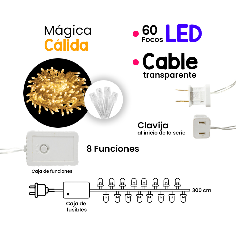 Serie de Luces Decorativa Luz Led Cálida 60 Focos 8 Funciones Cable Transparente 3 m