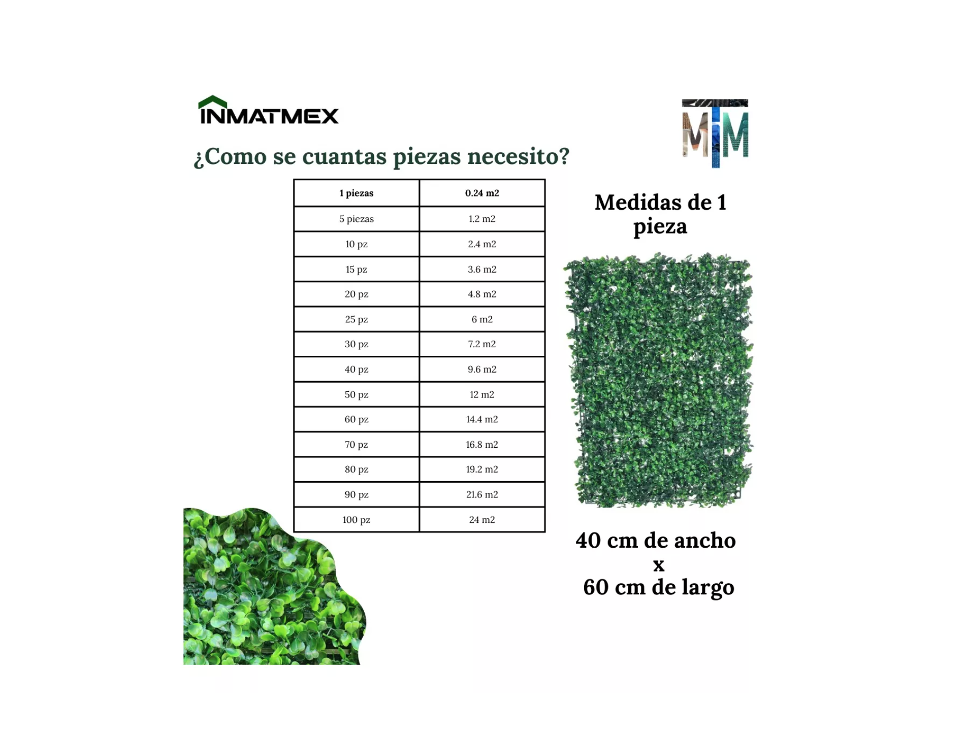 Follaje 50 Pzas Muro Verde Artificial Sintentico 60x40 Cm