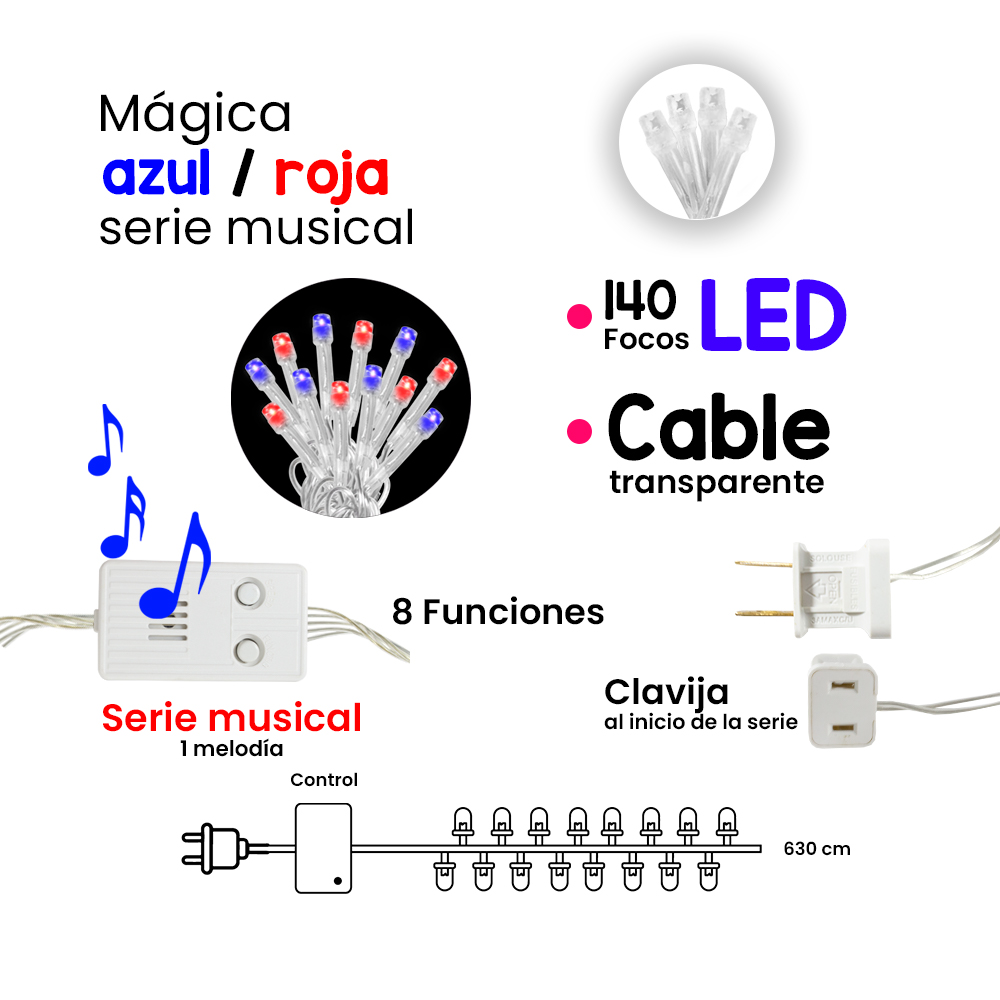 Serie de Luces Navideña 140 Led Musical Luz Azul / Rojo 6.3 Mts