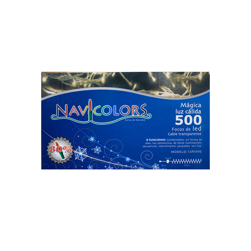 Serie Tira Navideña 500 Focos Led Luz Calida 8 Funciones 22 Mts Cable Transparente Navicolors