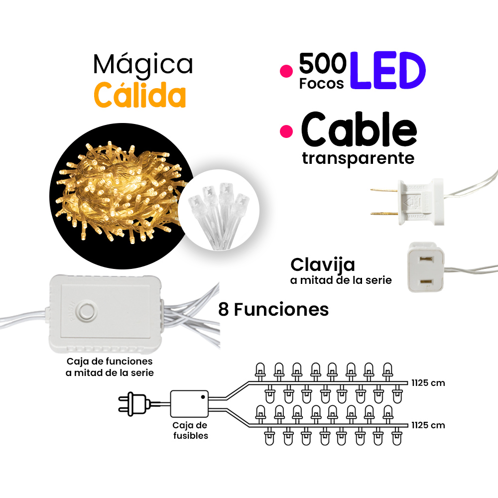 Serie Tira Navideña 500 Focos Led Luz Calida 8 Funciones 22 Mts Cable Transparente Navicolors