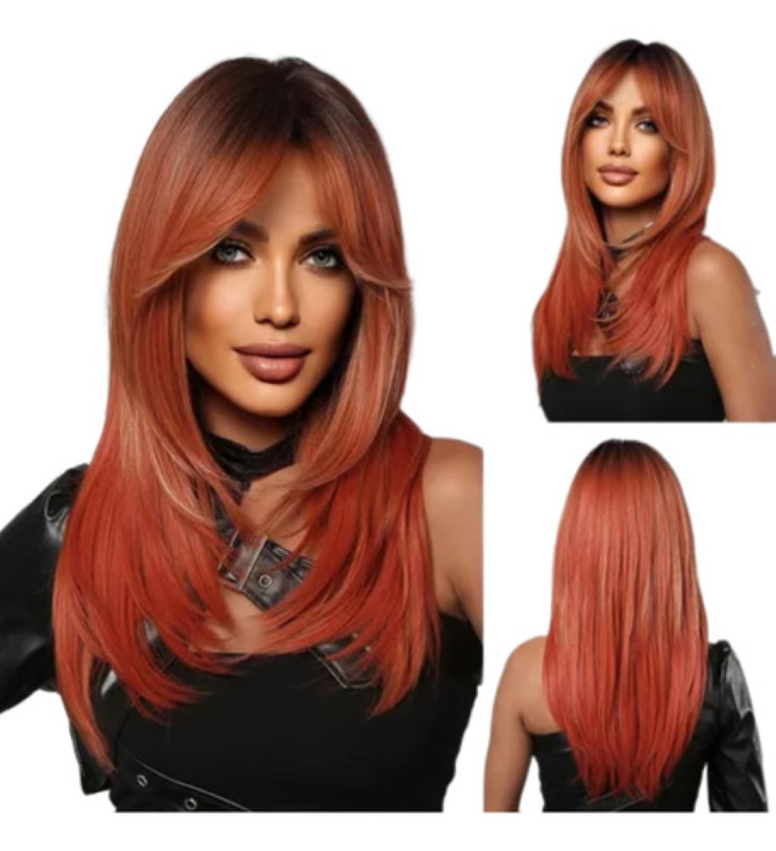 Peluca Rosa Rojo Para Mujer Recto Larga Flequillos Naturales