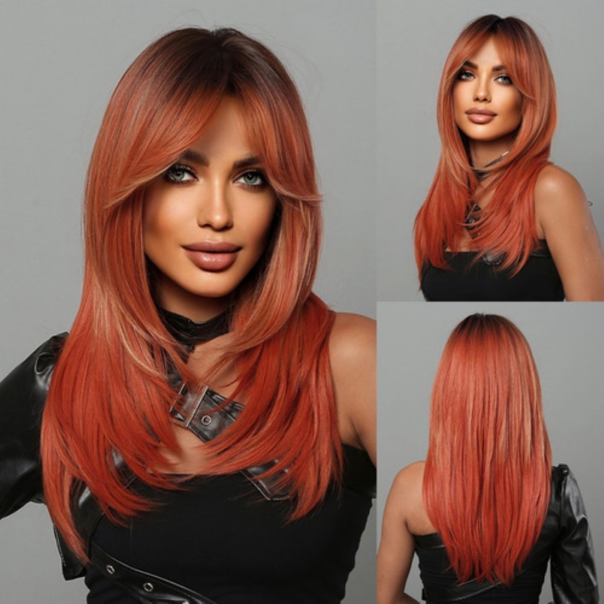 Peluca Rosa Rojo Para Mujer Recto Larga Flequillos Naturales