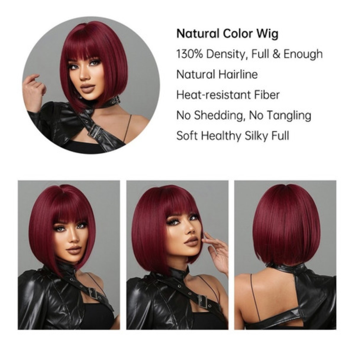 Peluca Rojo Para Mujer Pelo Corto Recto Flequillo Natural