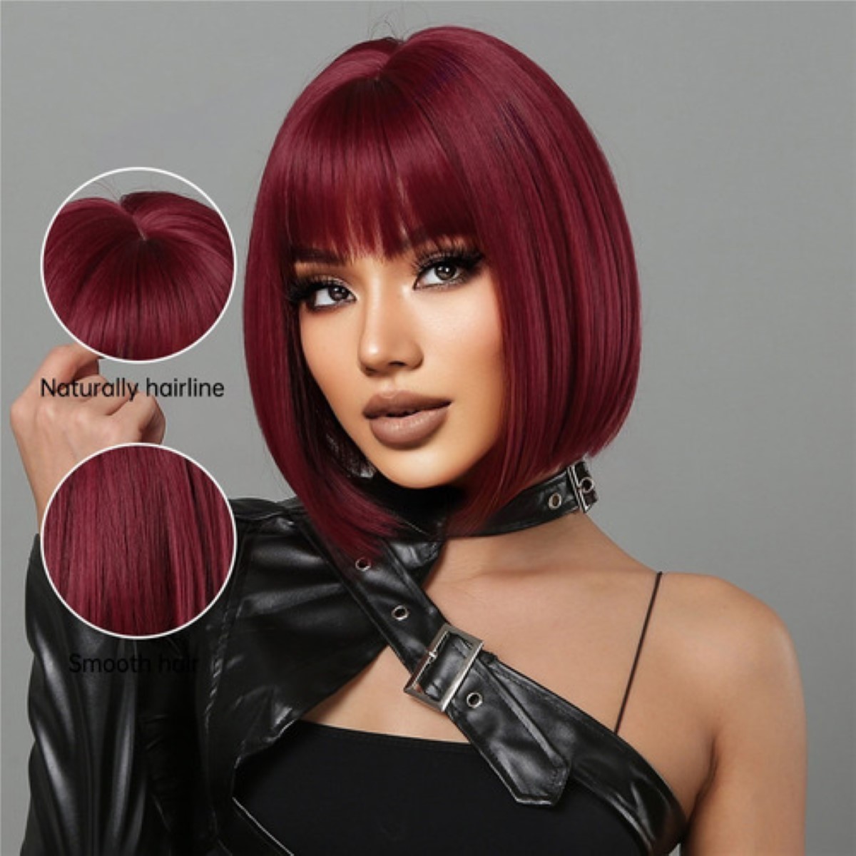 Peluca Rojo Para Mujer Pelo Corto Recto Flequillo Natural