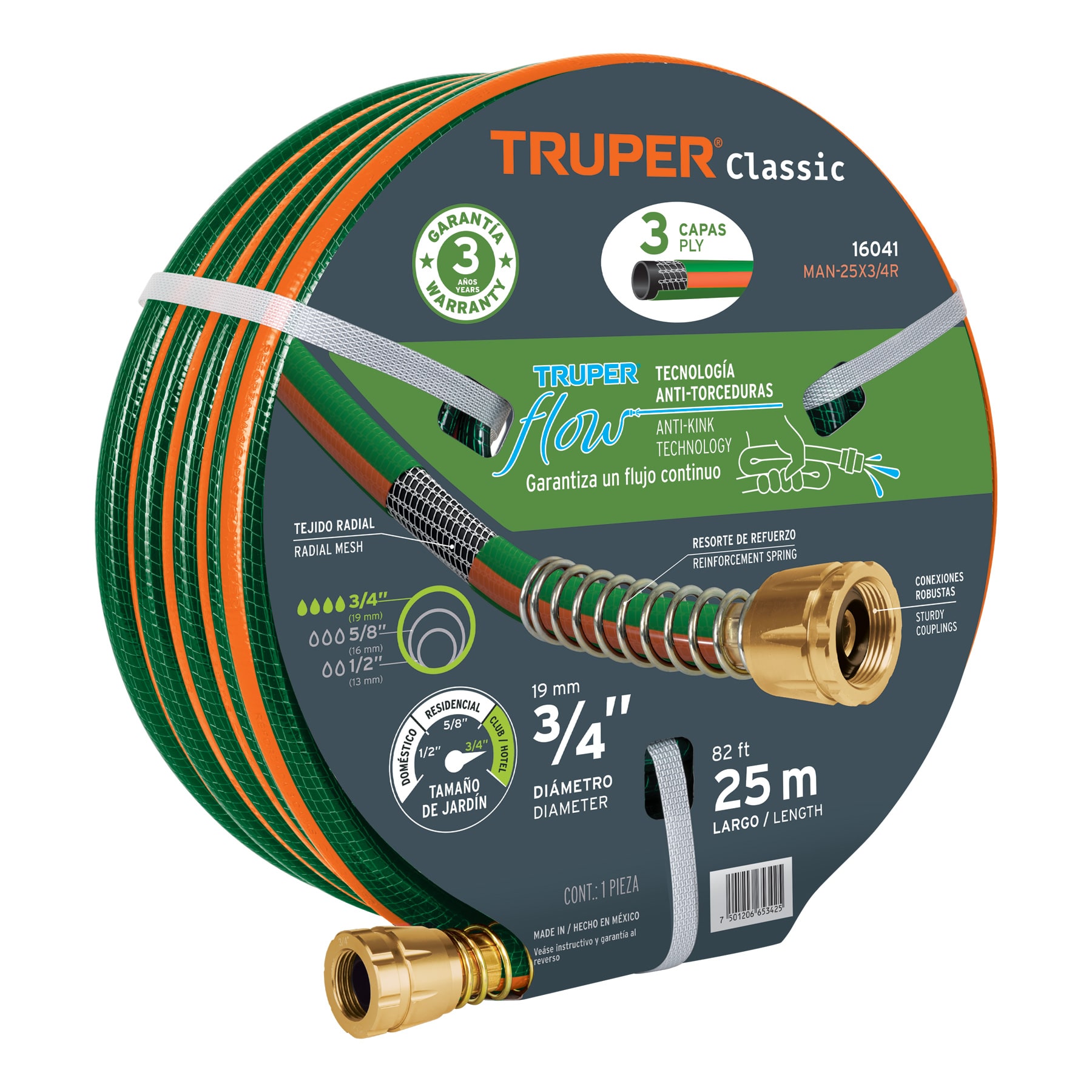 MANGUERA 3/4" REFORZADA 3 CAPAS CONEXIONES DE METAL 25 M TRUPER 16041