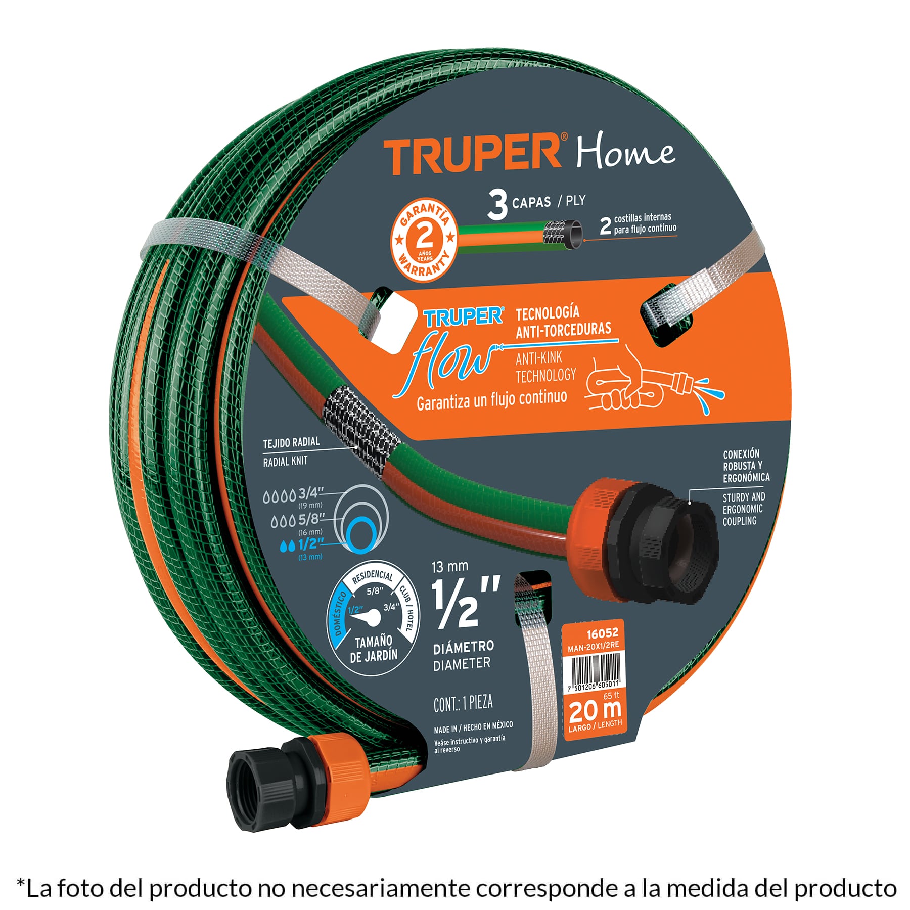 MANGUERA 1/2"REFORZADA 3 CAPAS 10 M CONEXIONES PLÁSTICAS TRUPER 16050