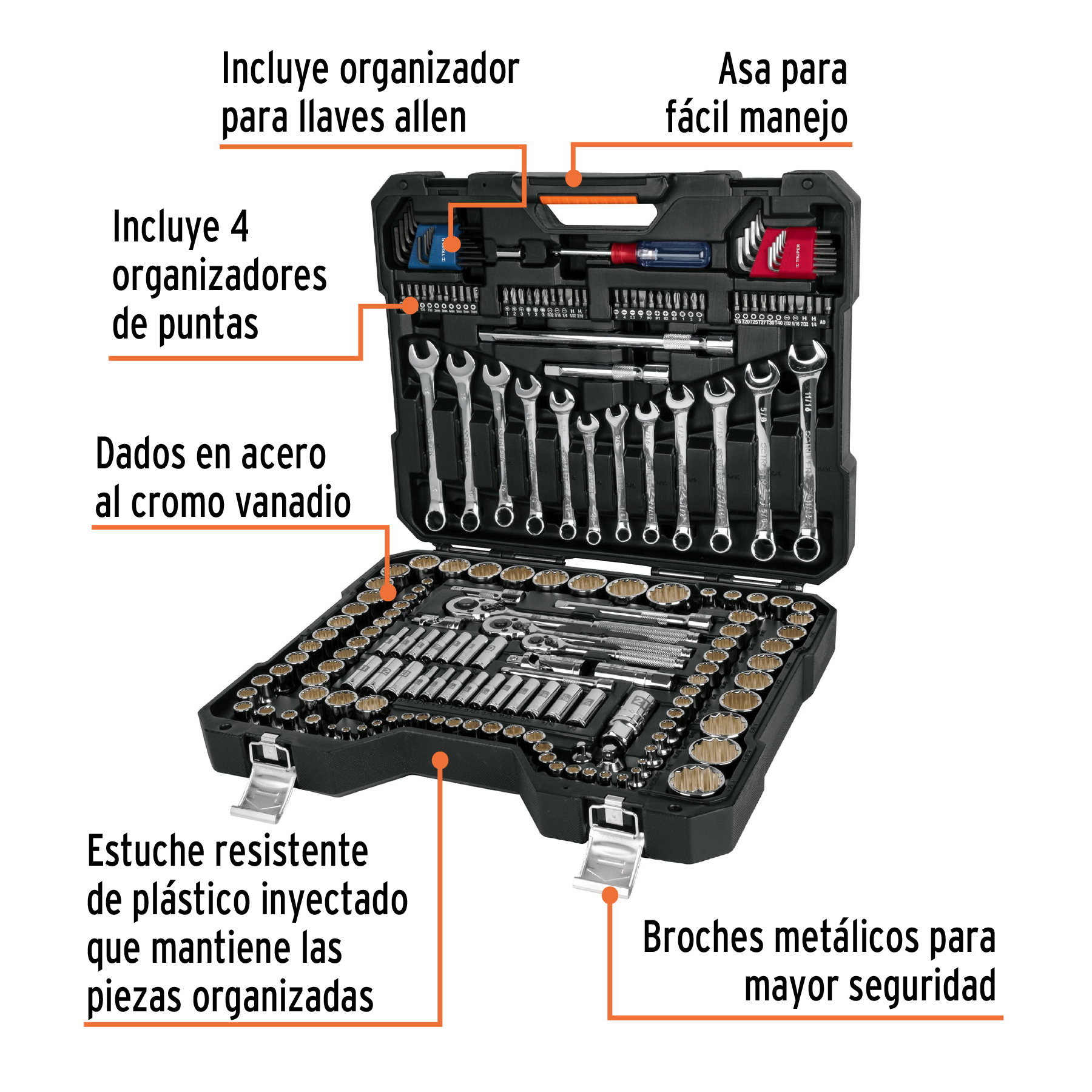 JUEGO 199 HERRAMIENTAS 1/4", 3/8" Y 1/2" STD Y MM P/MECÁNICO TRUPER