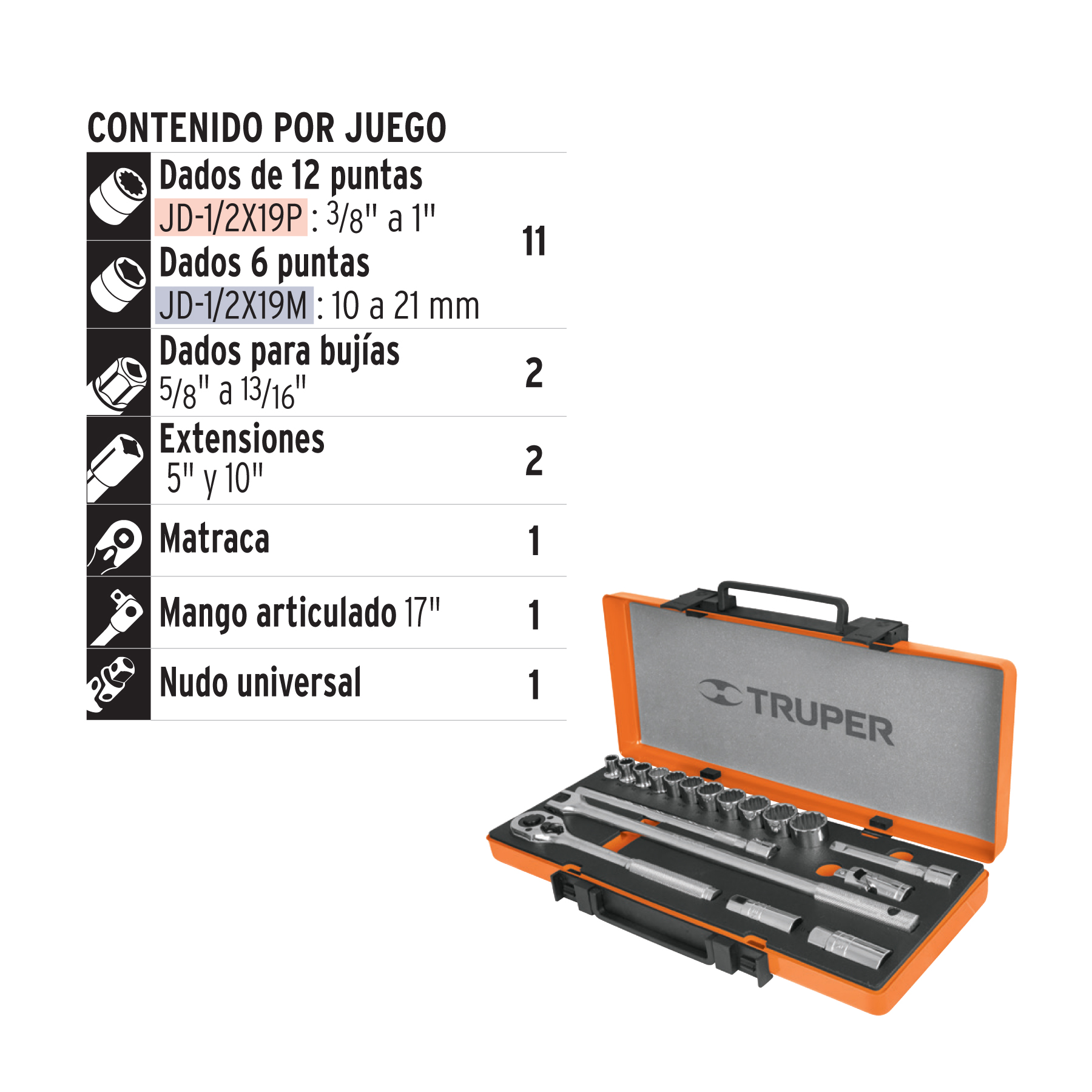 JUEGO DE 18 HERRAMIENTAS CUADRO 1/2" MM PARA MECÁNICO TRUPER