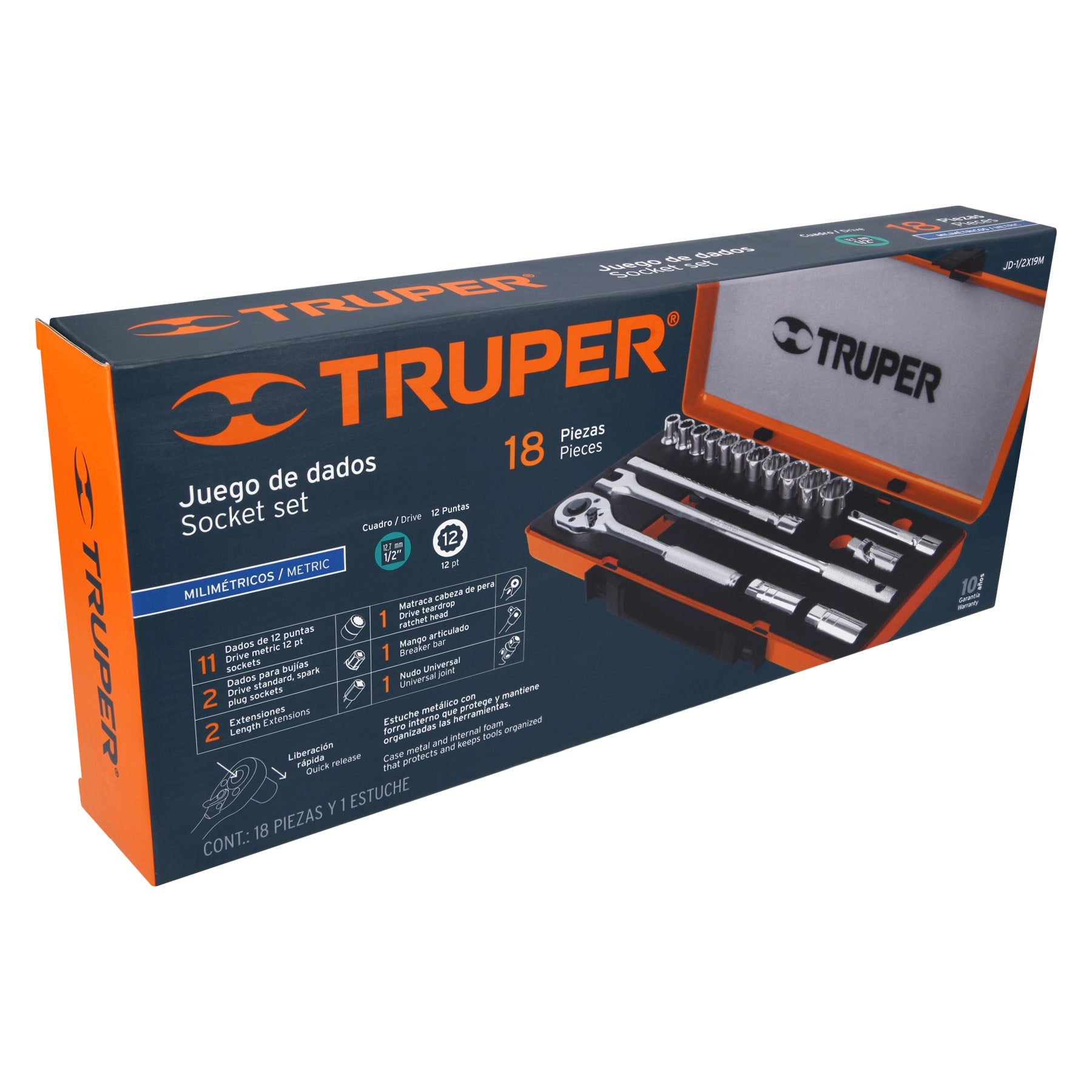 JUEGO DE 18 HERRAMIENTAS CUADRO 1/2" MM PARA MECÁNICO TRUPER