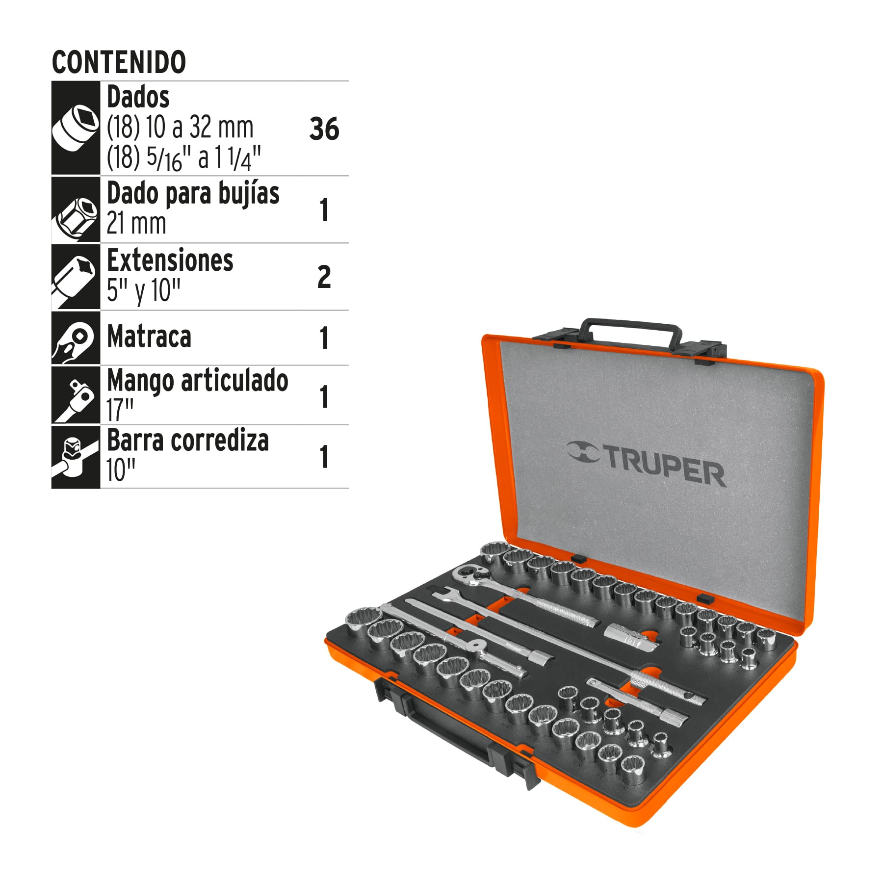 JUEGO DE 42 HERRAMIENTAS CUADRO 1/2" STD Y MM PARA MECÁNICO TRUPER 