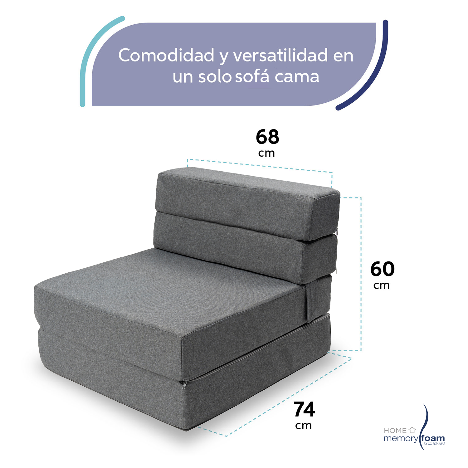 MEMORY FOAM HOME Sofá Cama Individual Cozy Plegable Sofá o Cama Tamaño Individual Color Gris Medidas186 x 68 x 14 cm.