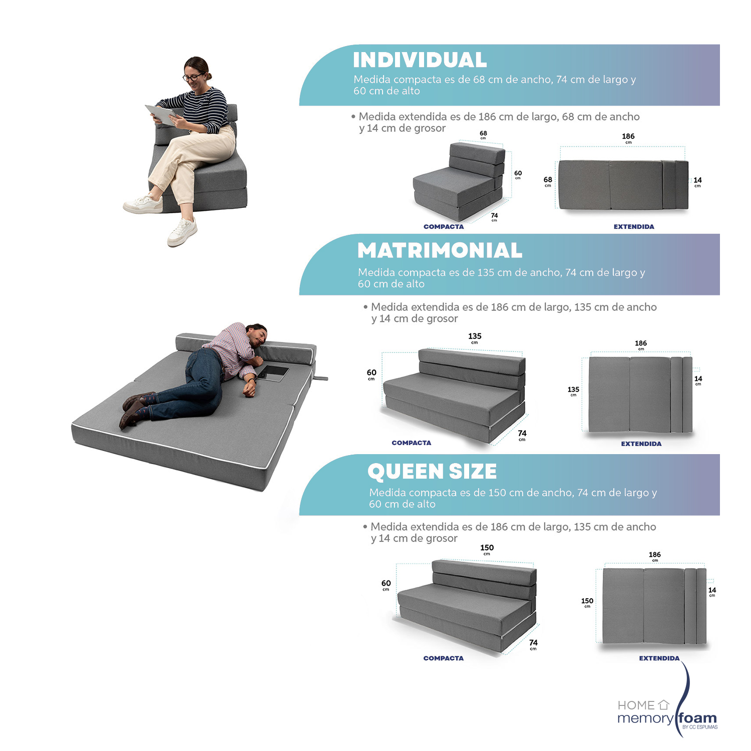 MEMORY FOAM HOME Sofá Cama Individual Cozy Plegable Sofá o Cama Tamaño Individual Color Gris Medidas186 x 68 x 14 cm.