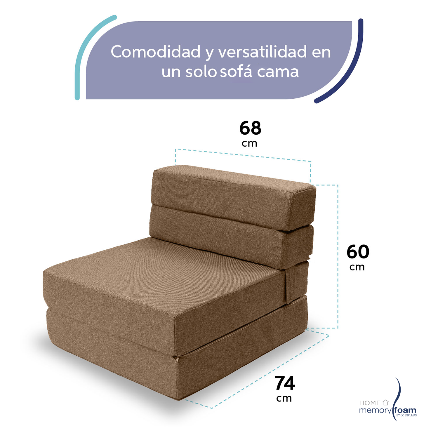 MEMORY FOAM HOME Sofá Cama Individual Cozy Plegable Sofá o Cama Tamaño Individual Color MARRON Medidas186 x 68 x 14 cm.