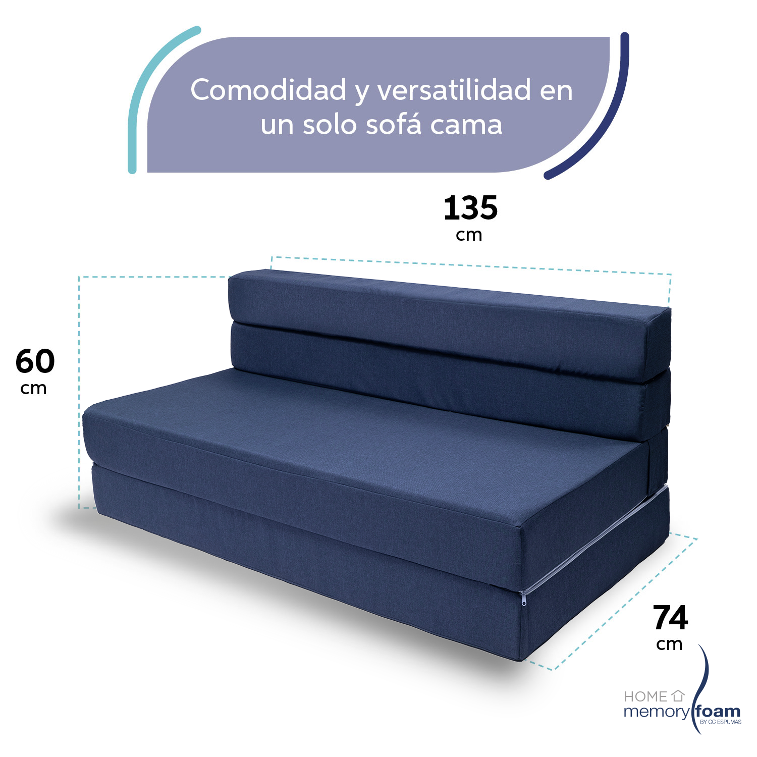 MEMORY FOAM HOME Sofá Cama Matrimonial Cozy Plegable Sofá o Cama Tamaño Matrimonial Color Azul Marino Medidas 186 x 135 x 14 cm.