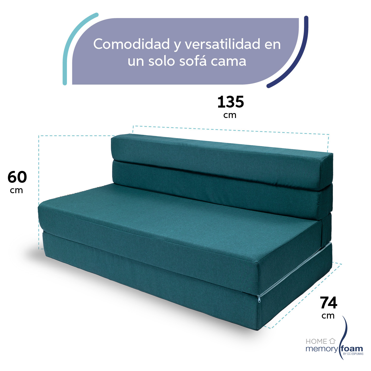 MEMORY FOAM HOME Sofá Cama Matrimonial Cozy Plegable Sofá o Cama Tamaño Matrimonial Color Petróleo Medidas 186 x 135 x 14 cm.