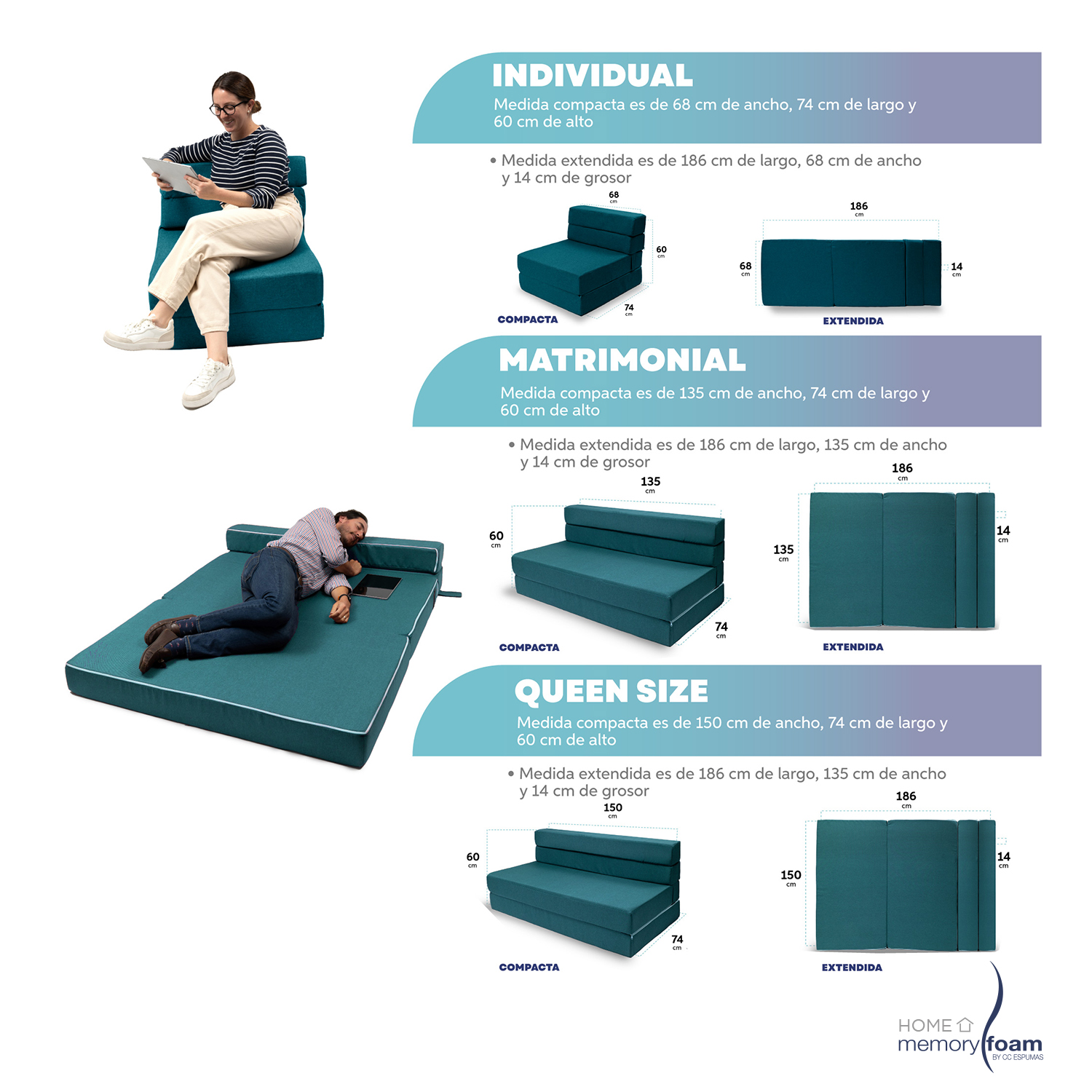 MEMORY FOAM HOME Sofá Cama Matrimonial Cozy Plegable Sofá o Cama Tamaño Matrimonial Color Petróleo Medidas 186 x 135 x 14 cm.