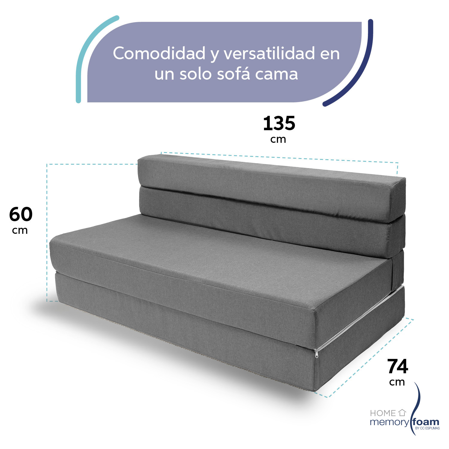 MEMORY FOAM HOME Sofá Cama Matrimonial Cozy Plegable Sofá o Cama Tamaño Matrimonial Color Gris Medidas 186 x 135 x 14 cm.
