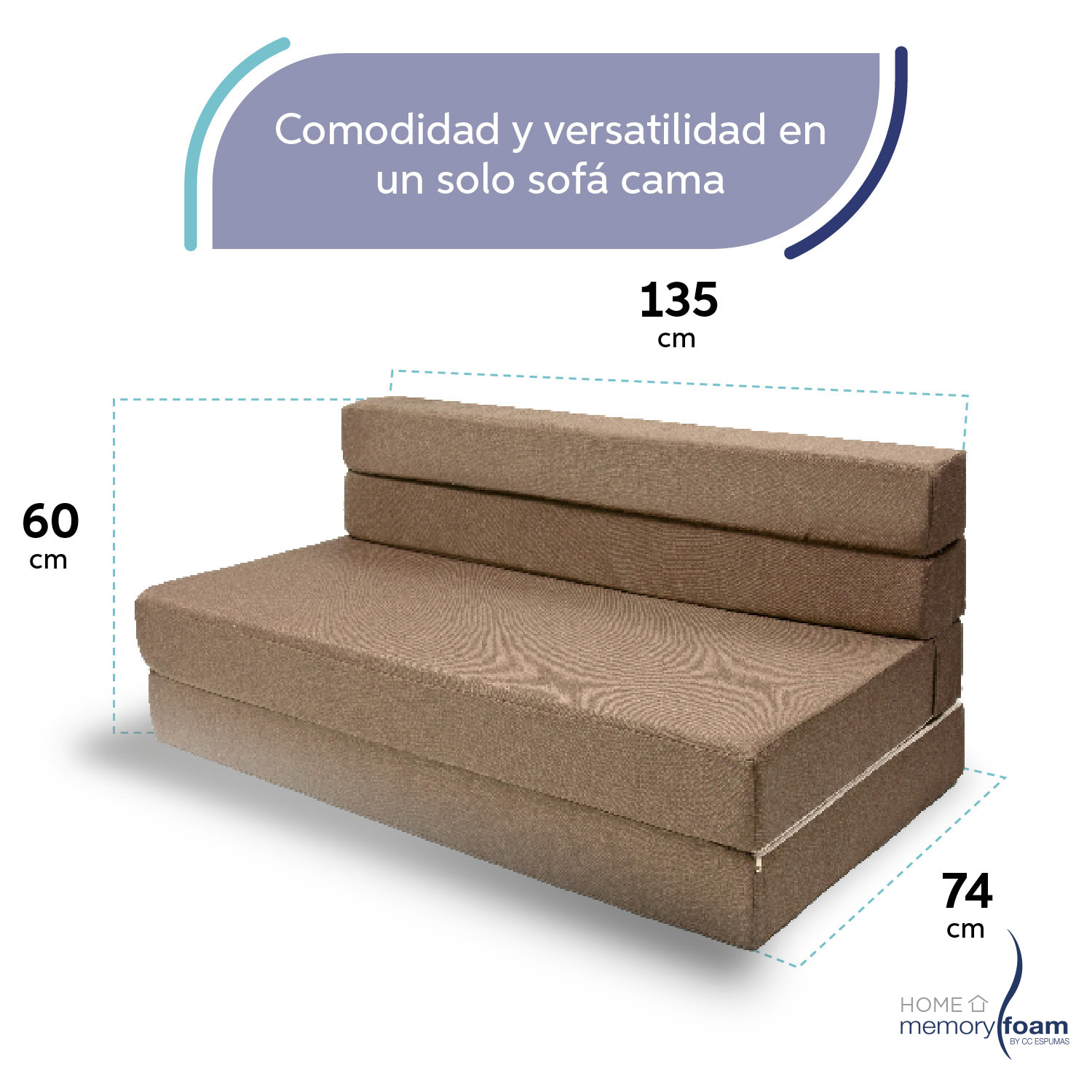 MEMORY FOAM HOME Sofá Cama Matrimonial Cozy Plegable Sofá o Cama Tamaño Matrimonial Color Marrón Medidas 186 x 135 x 14 cm.
