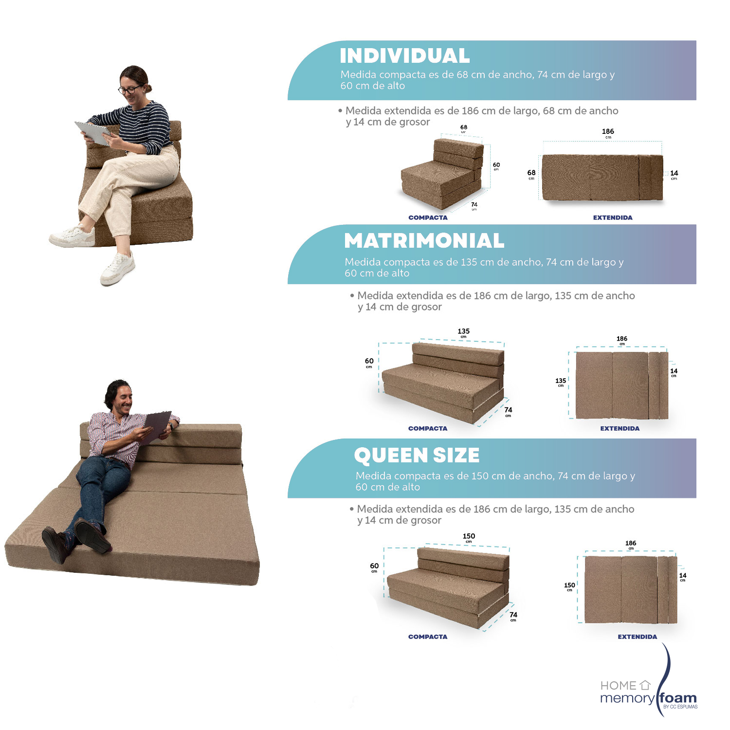 MEMORY FOAM HOME Sofá Cama Matrimonial Cozy Plegable Sofá o Cama Tamaño Matrimonial Color Marrón Medidas 186 x 135 x 14 cm.