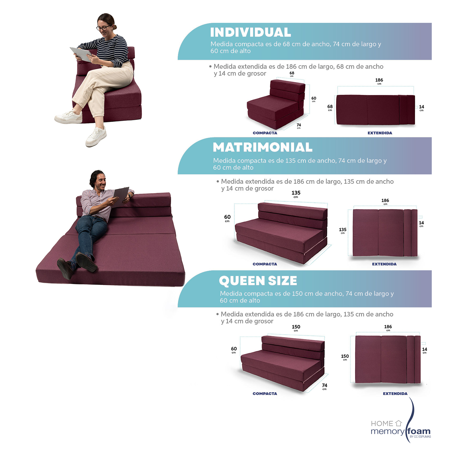 MEMORY FOAM HOME Sofá Cama Matrimonial Cozy Plegable Sofá o Cama Tamaño Matrimonial Color Rosa Oscuro Medidas 186 x 135 x 14 cm.