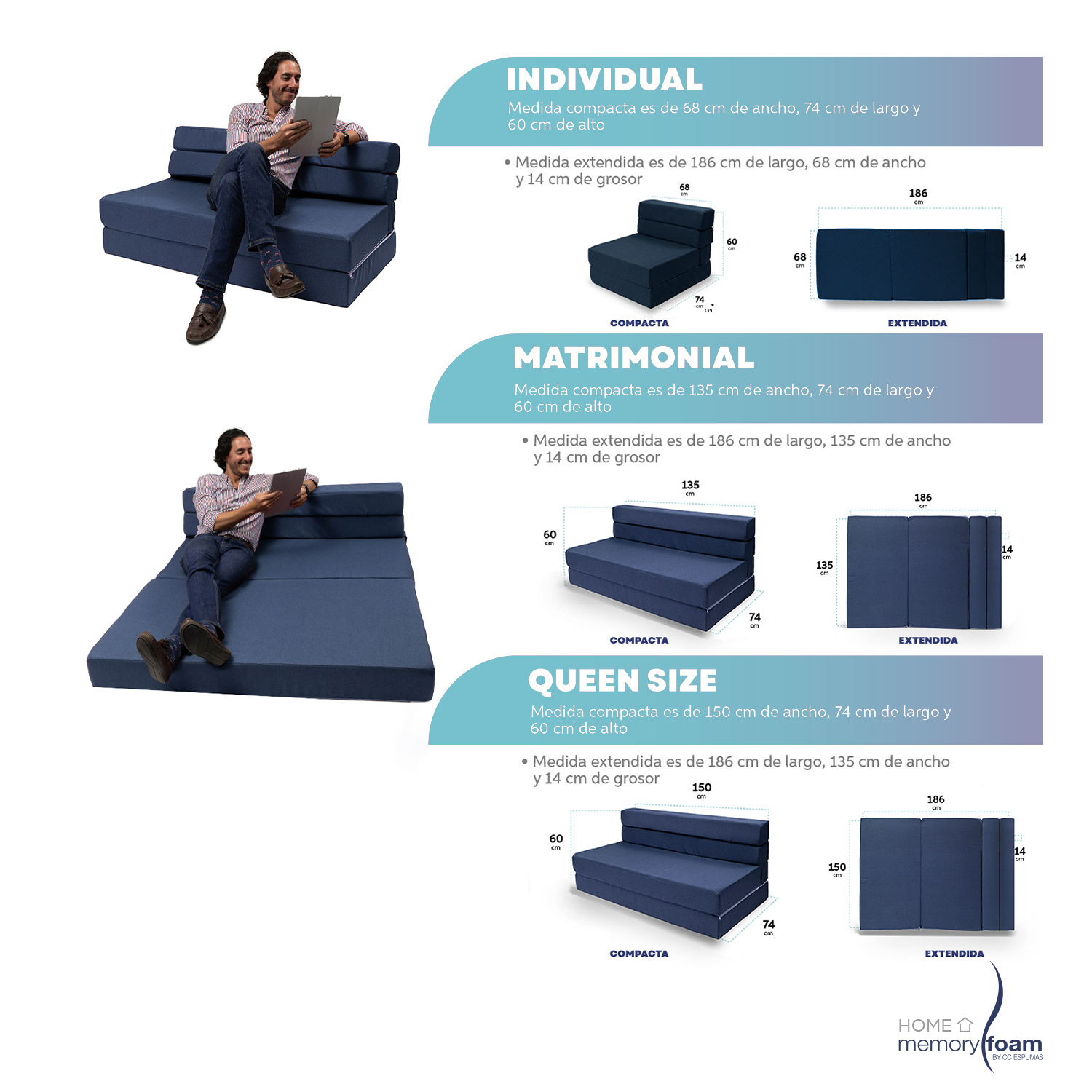 MEMORY FOAM HOME Sofá Cama Queen Size Cozy Plegable Sofá o Cama Tamaño Queen Size Color Azul Marino Medidas186 x 150 x 14 cm..