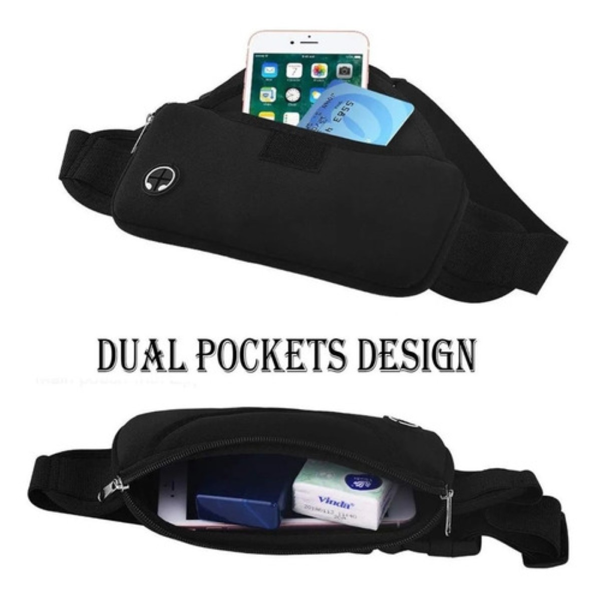 Cangureras Para Mujer Hombre Deportivas Riñonera Bolsa 2 Pcs Azul y Negro