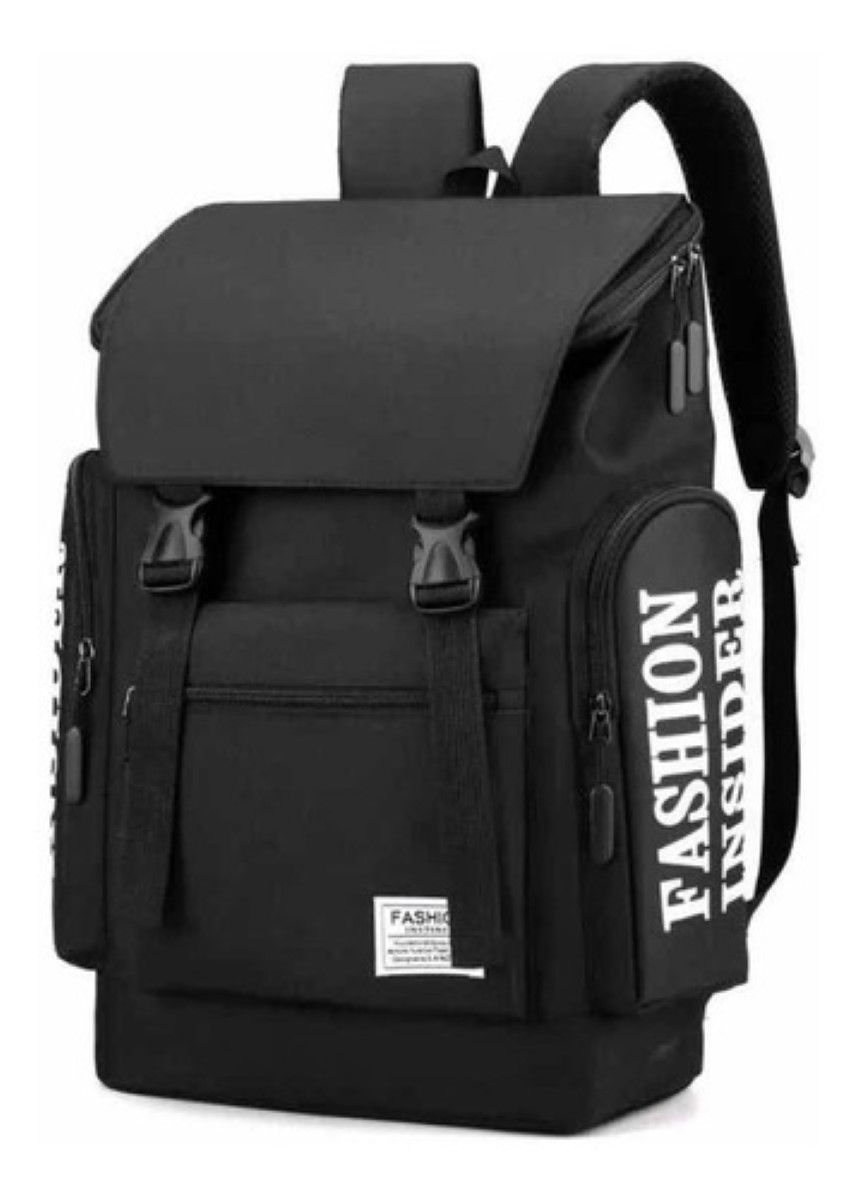 Mochila Back Pack Broche Antirrobo Casual Gym Viaje Negro Letras blancas
