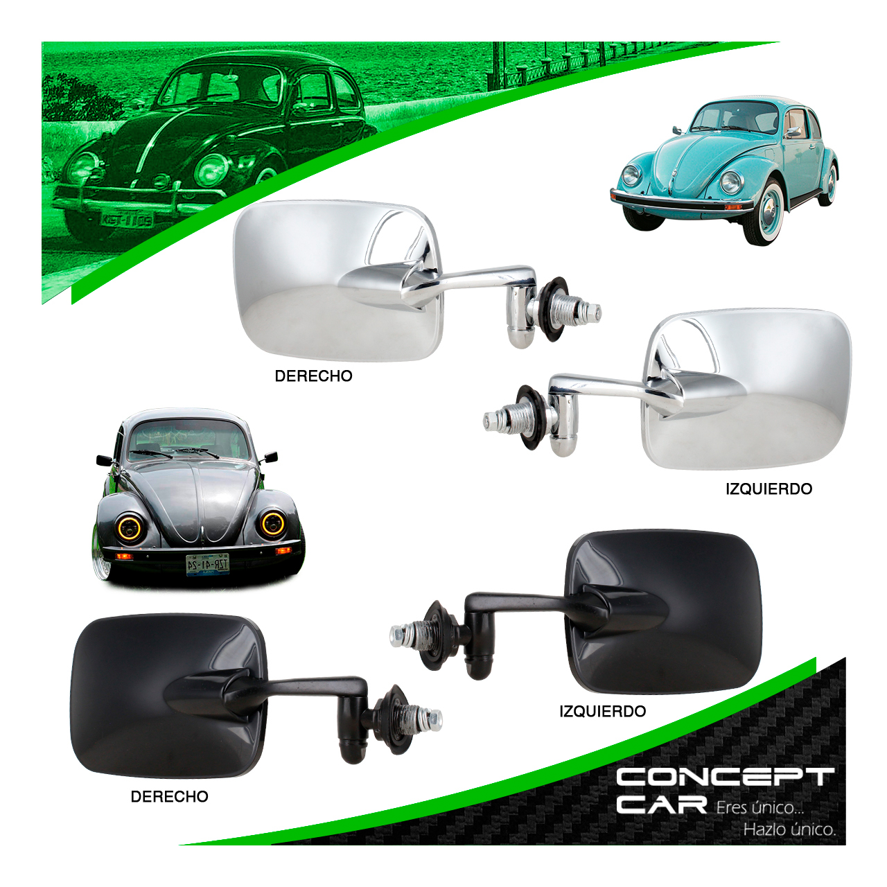 Espejo Lateral Tipo Clasico Vw Sedan Vocho Cromo O Negro