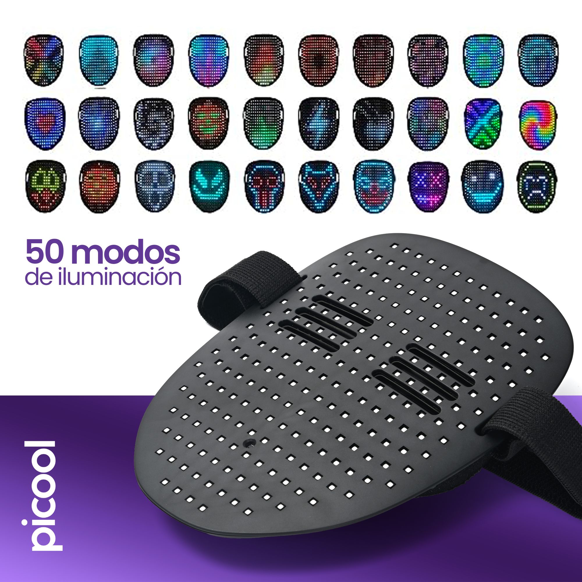 Máscara de Luz LED Ajustable Recargable Para Halloween Disfraz Cosplay