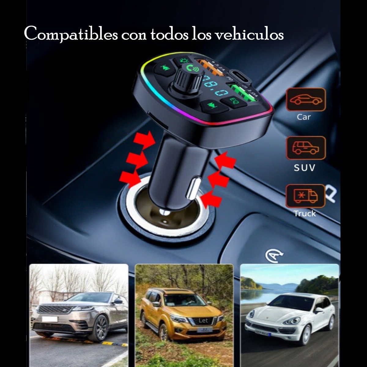 Transmisor Receptor Para Adaptador Bluetooth Auto Estéreo USB volumen música rgb luz led cargador