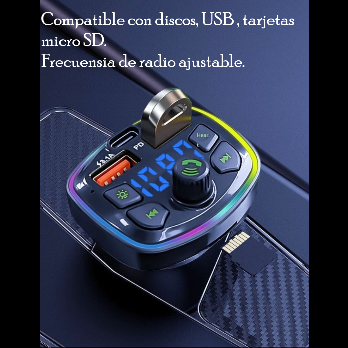 Transmisor Receptor Para Adaptador Bluetooth Auto Estéreo USB volumen música rgb luz led cargador