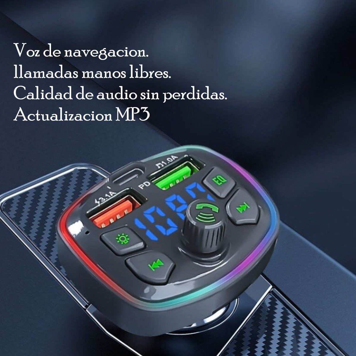 Transmisor Receptor Para Adaptador Bluetooth Auto Estéreo USB volumen música rgb luz led cargador