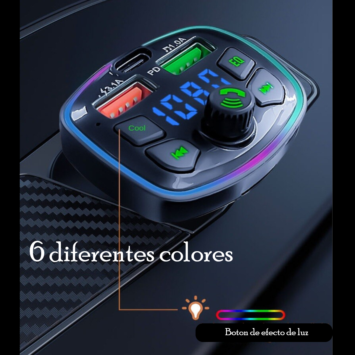 Transmisor Receptor Para Adaptador Bluetooth Auto Estéreo USB volumen música rgb luz led cargador