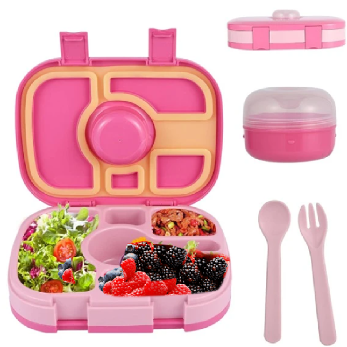 Lonchera Lunch box bento portátil para niños y adultos con 5 compartimentos de sellado hermético, libre de fugas y cubiertos incluidos, BPA FREE