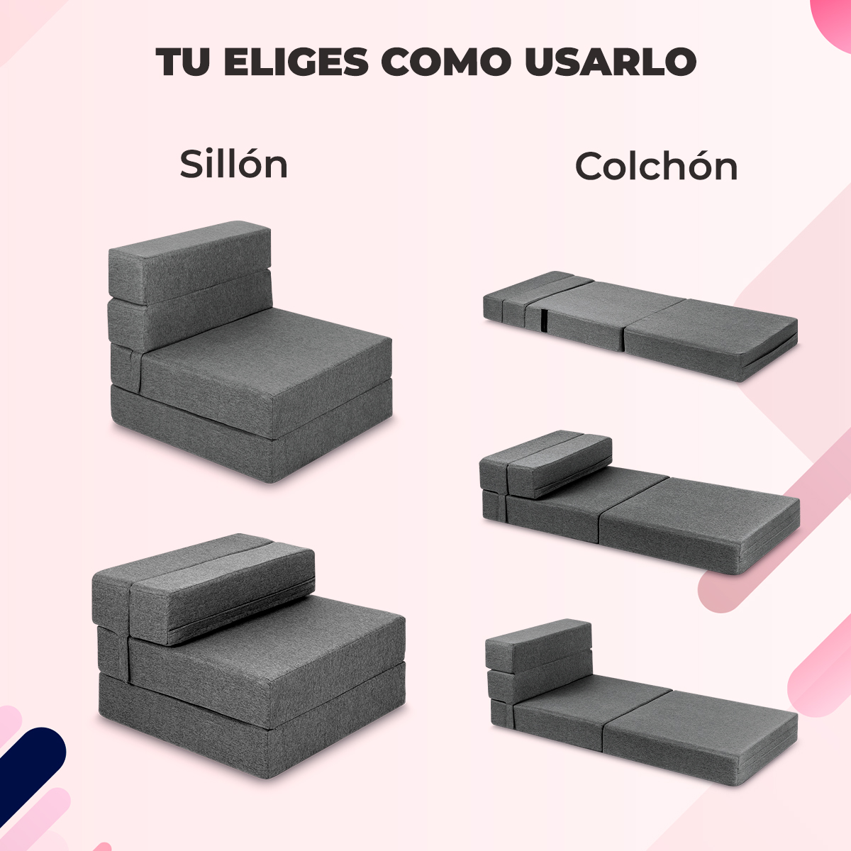 Sofa cama plegable individual color gris claro estilo Puff