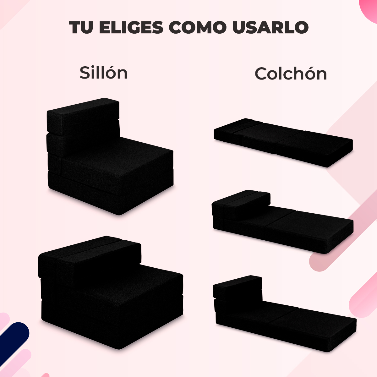 Sofa cama plegable individual color Negro estilo Puff.