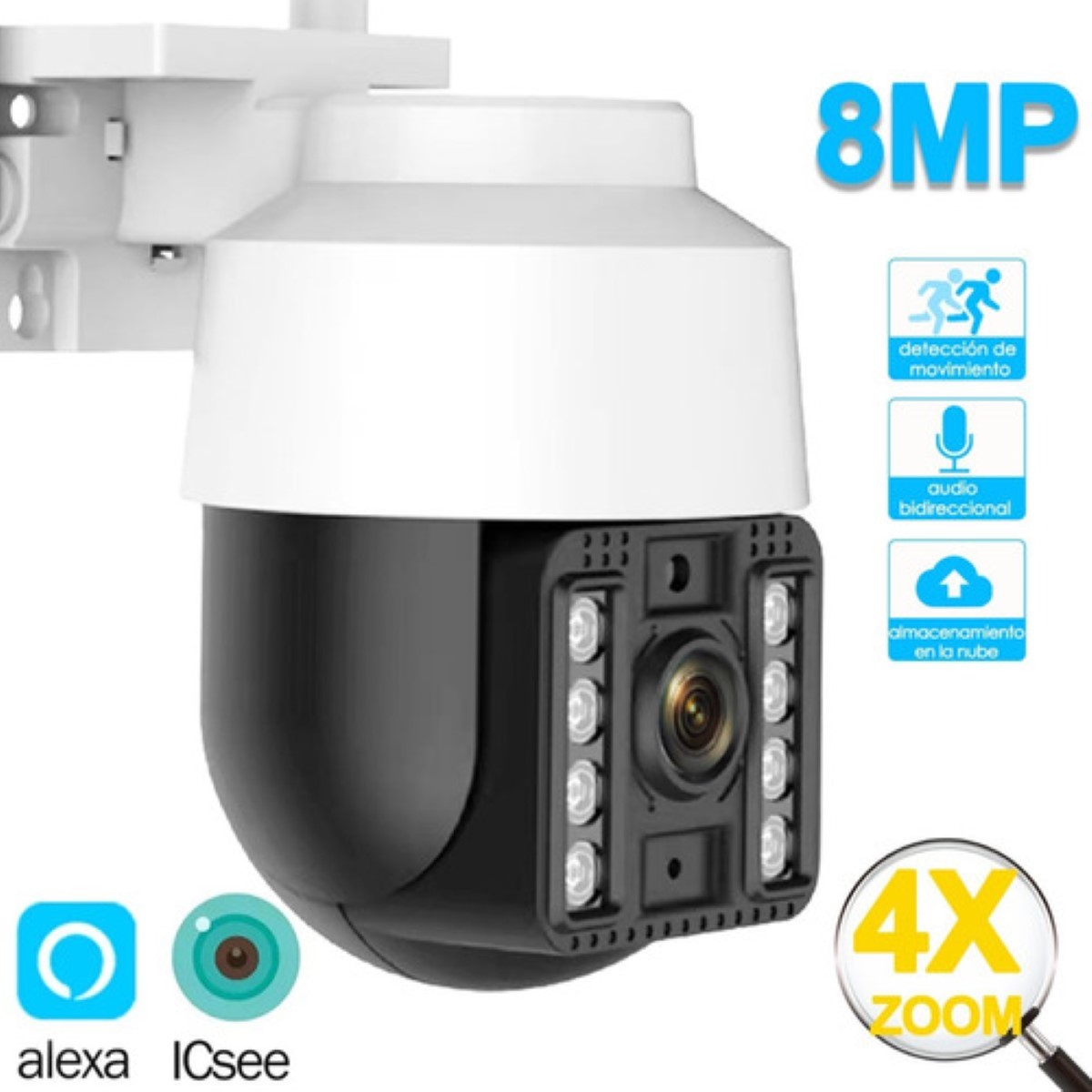 Cámara De Seguridad 4k Ultra Hd 8mp Wifi Ip Ptz Con Alarma Blanco con Negro