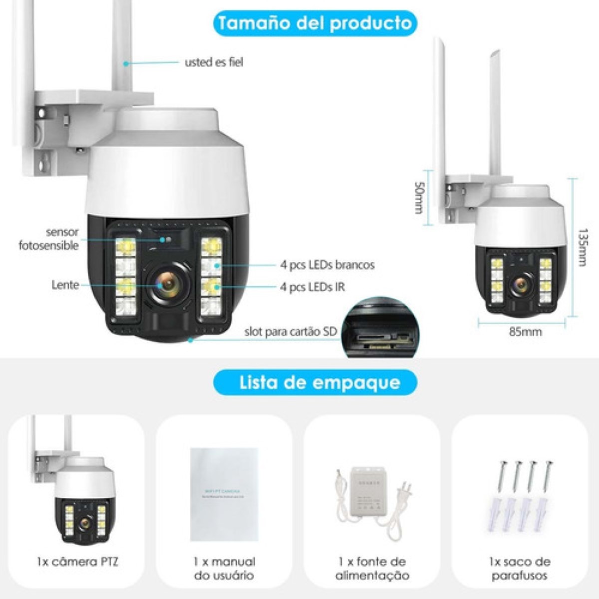 Cámara De Seguridad 4k Ultra Hd 8mp Wifi Ip Ptz Con Alarma Blanco con Negro