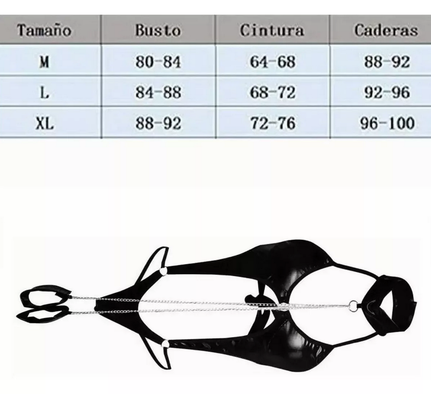 Lencería Tipo Cuero Body Con Esposas Tanga Coordinado