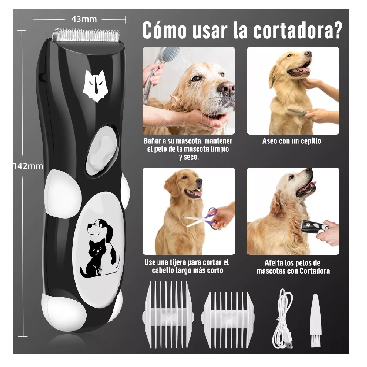 Rasuradora Para Perro Máquina Cortadora Gato Mascota Negro c/Blanco