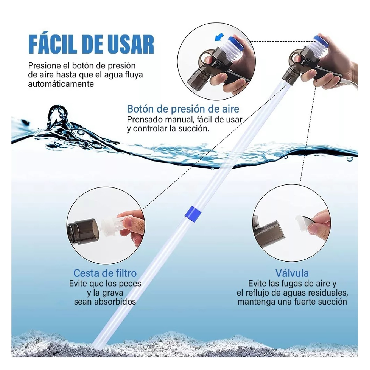  Aspiradora de grava para acuario, kit de herramientas de  limpieza de acuario, cambiador de agua de acuario, sifón con válvula de  control de agua, limpiador de grava de acuario, accesorios de