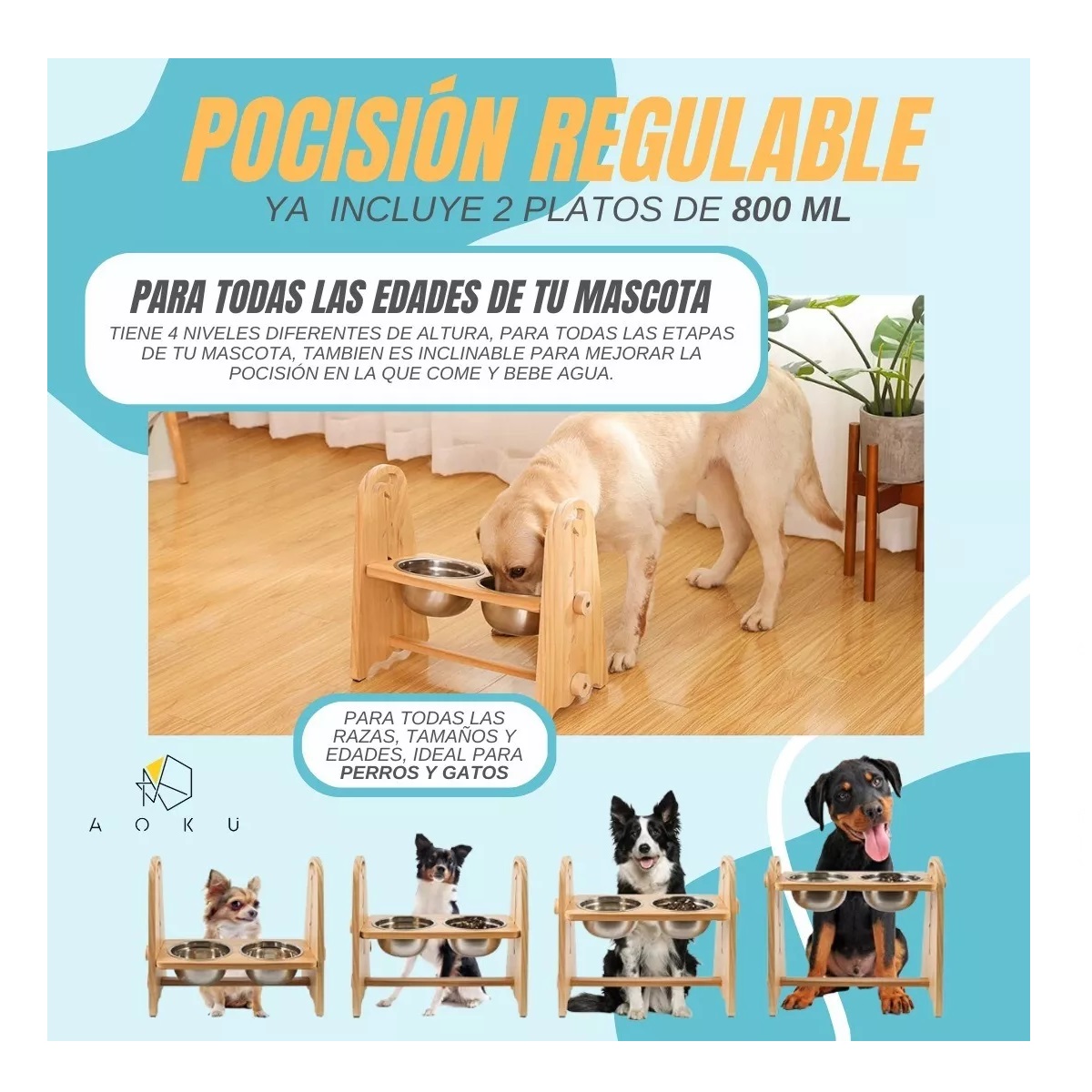 Plato Doble Para Mascota Con Altura Variable Antiderrapante