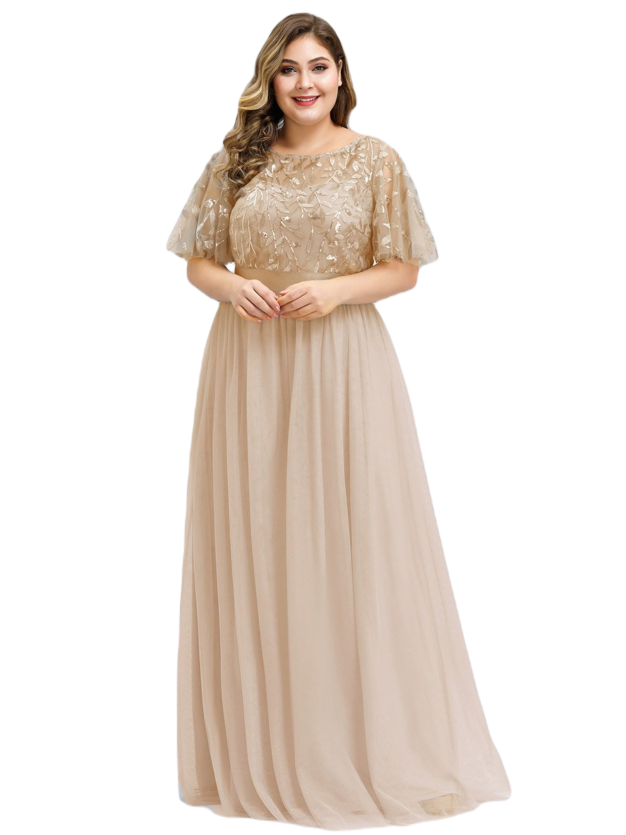 Vestido Elegante de Fiesta Largo Curvy Dorado Beige Cuello Redondo Hojitas Detalles c/Lentejuela Manga Amplia T Ch a Talla Extra