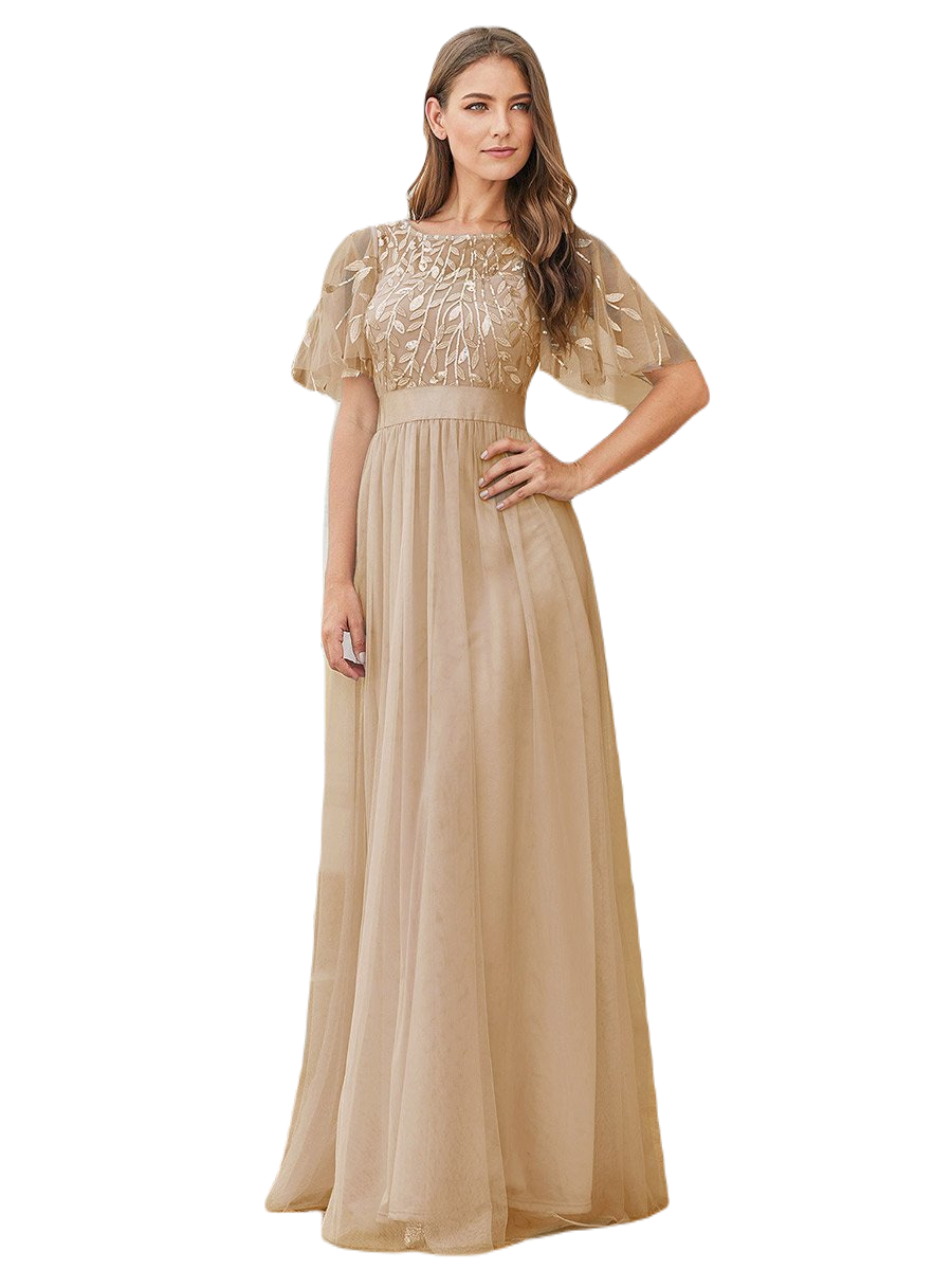 Vestido Elegante de Fiesta Largo Curvy Dorado Beige Cuello Redondo Hojitas Detalles c/Lentejuela Manga Amplia T Ch a Talla Extra