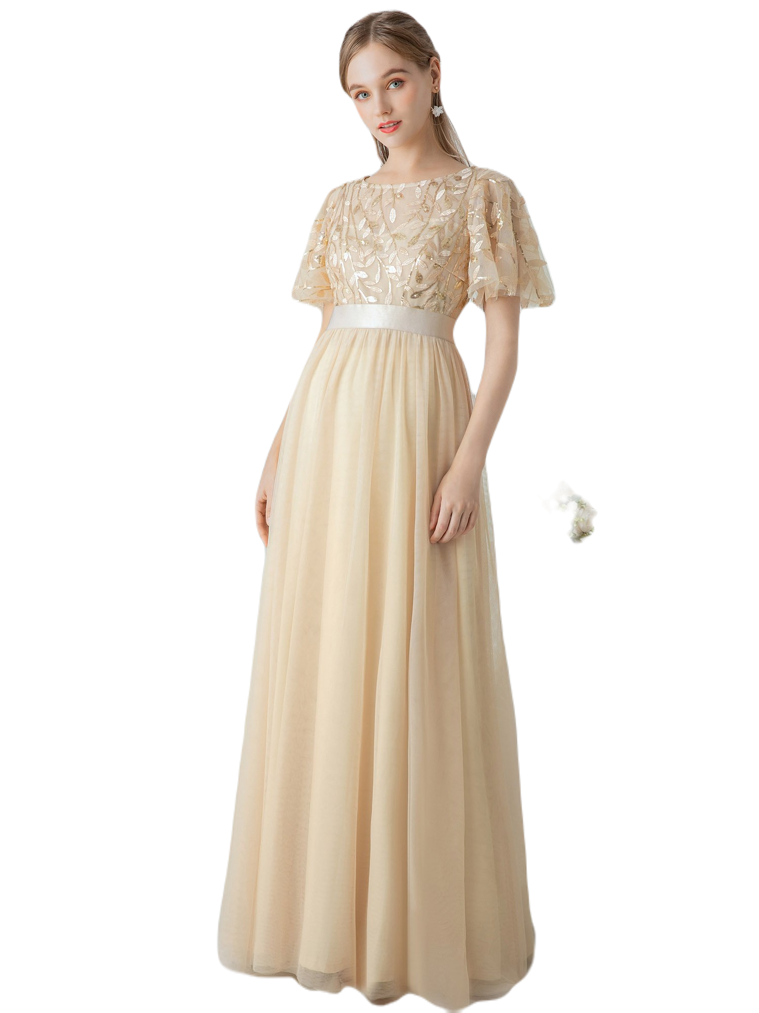 Vestido Elegante de Fiesta Largo Curvy Dorado Beige Cuello Redondo Hojitas Detalles c/Lentejuela Manga Amplia T Ch a Talla Extra