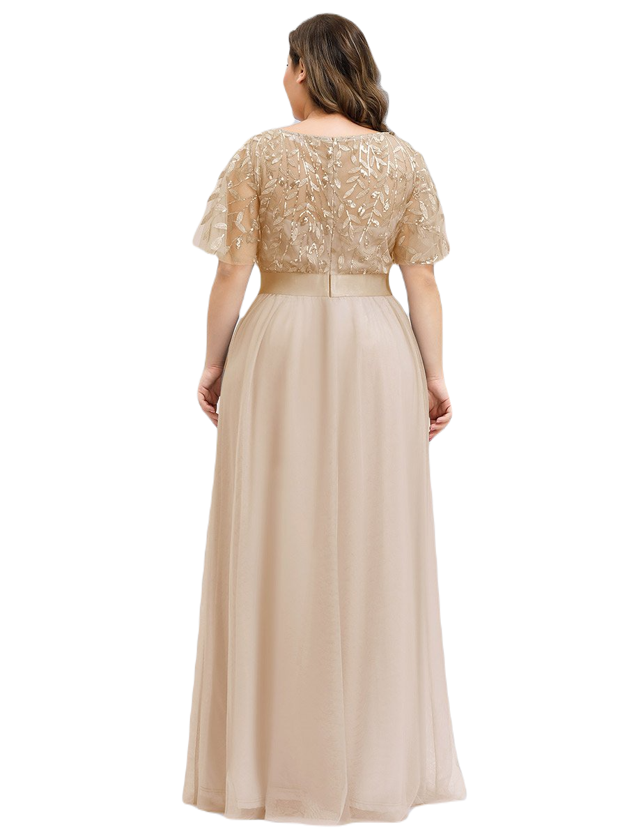 Vestido Elegante de Fiesta Largo Curvy Dorado Beige Cuello Redondo Hojitas Detalles c/Lentejuela Manga Amplia T Ch a Talla Extra